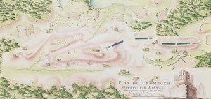 &39;द वार ऑफ अमेरिका&39; से क्रॉमपॉन्ड का मानचित्र, 1782 (रंग उत्कीर्णन)